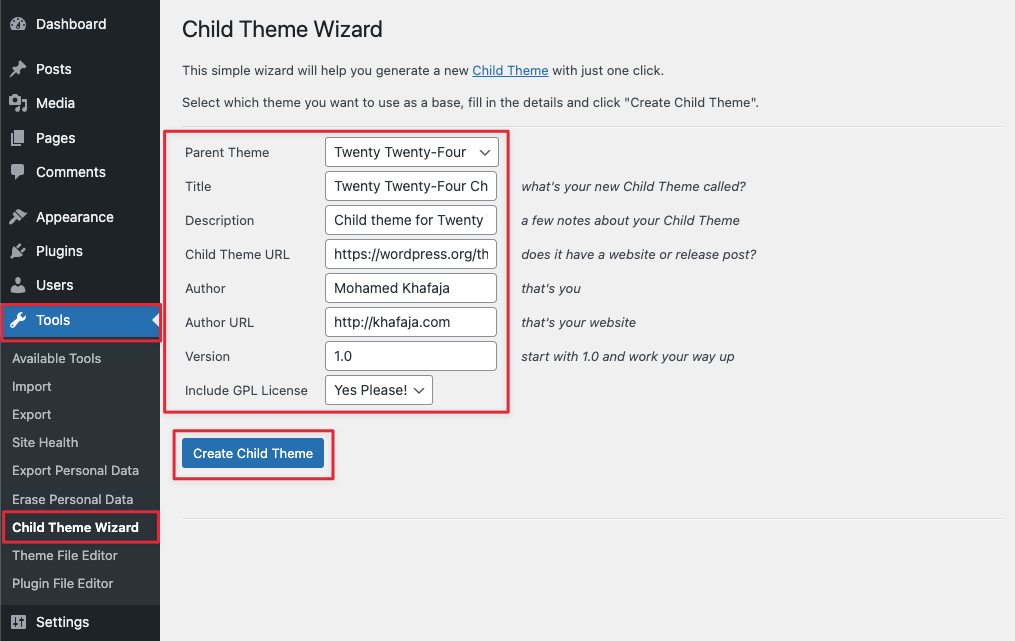 Choose parent theme and add child theme details